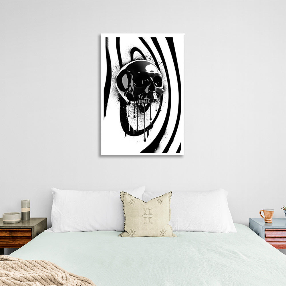 Black skull on a black and white background Canvas Wall Art Print