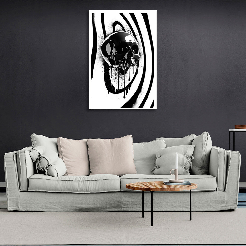 Black skull on a black and white background Canvas Wall Art Print