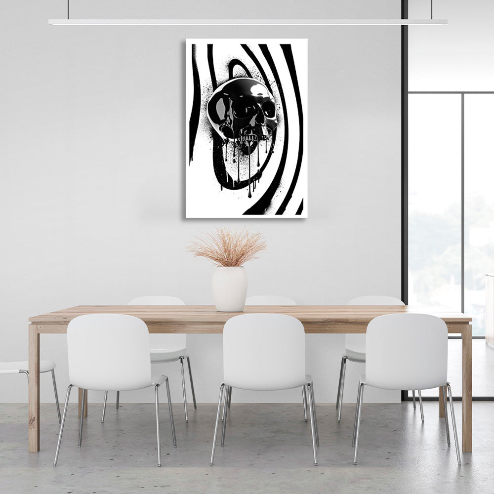 Black skull on a black and white background Canvas Wall Art Print