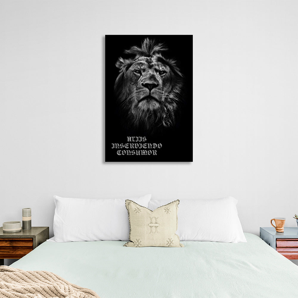 Lion with inscriptions on black background Canvas Wall Art Print