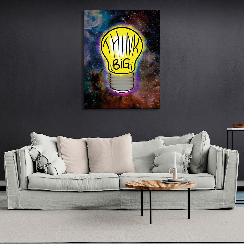 A light bulb with lettering on a starry background Motivational Canvas Wall Art Print