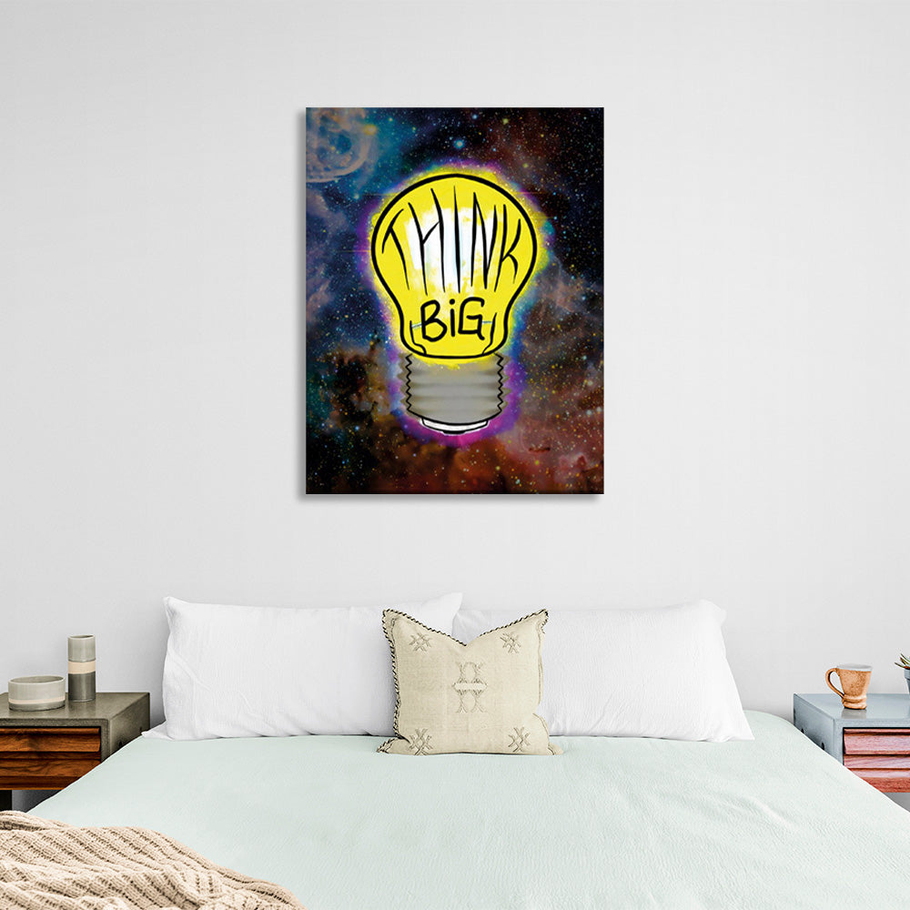 A light bulb with lettering on a starry background Motivational Canvas Wall Art Print