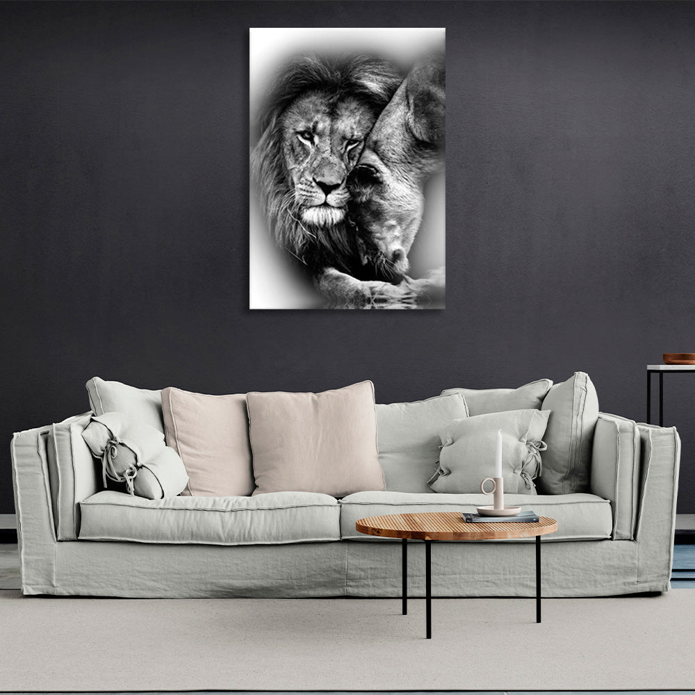 A lioness and a lion in black and white Canvas Wall Art Print