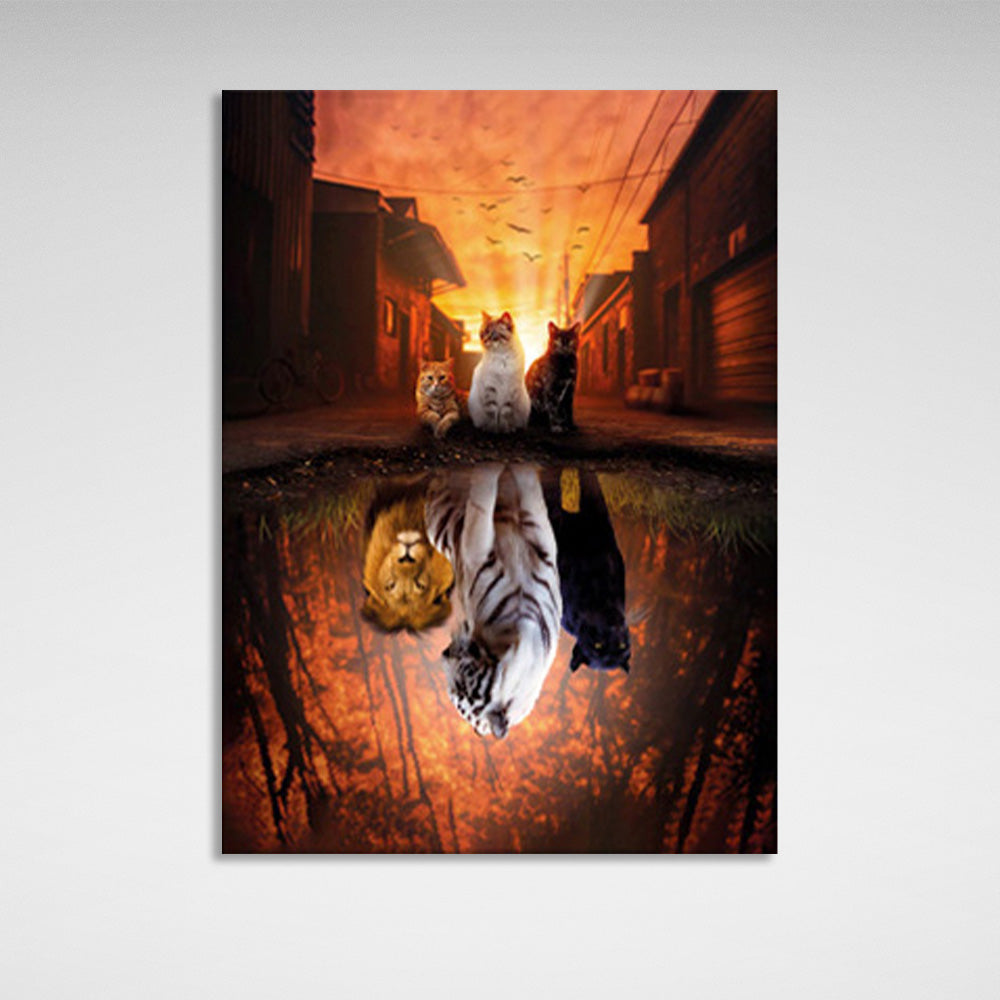 Animals in the background of the street in the reflection of a puddle Canvas Wall Art Print