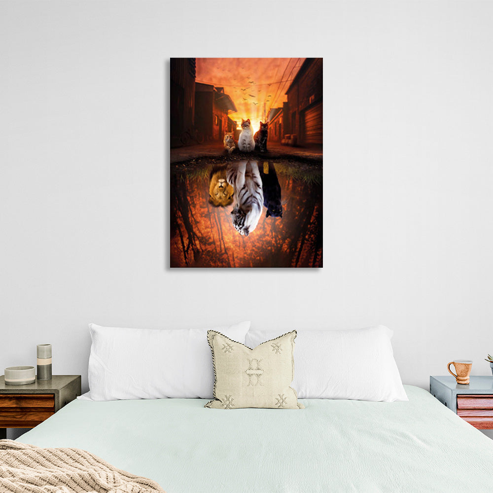 Animals in the background of the street in the reflection of a puddle Canvas Wall Art Print