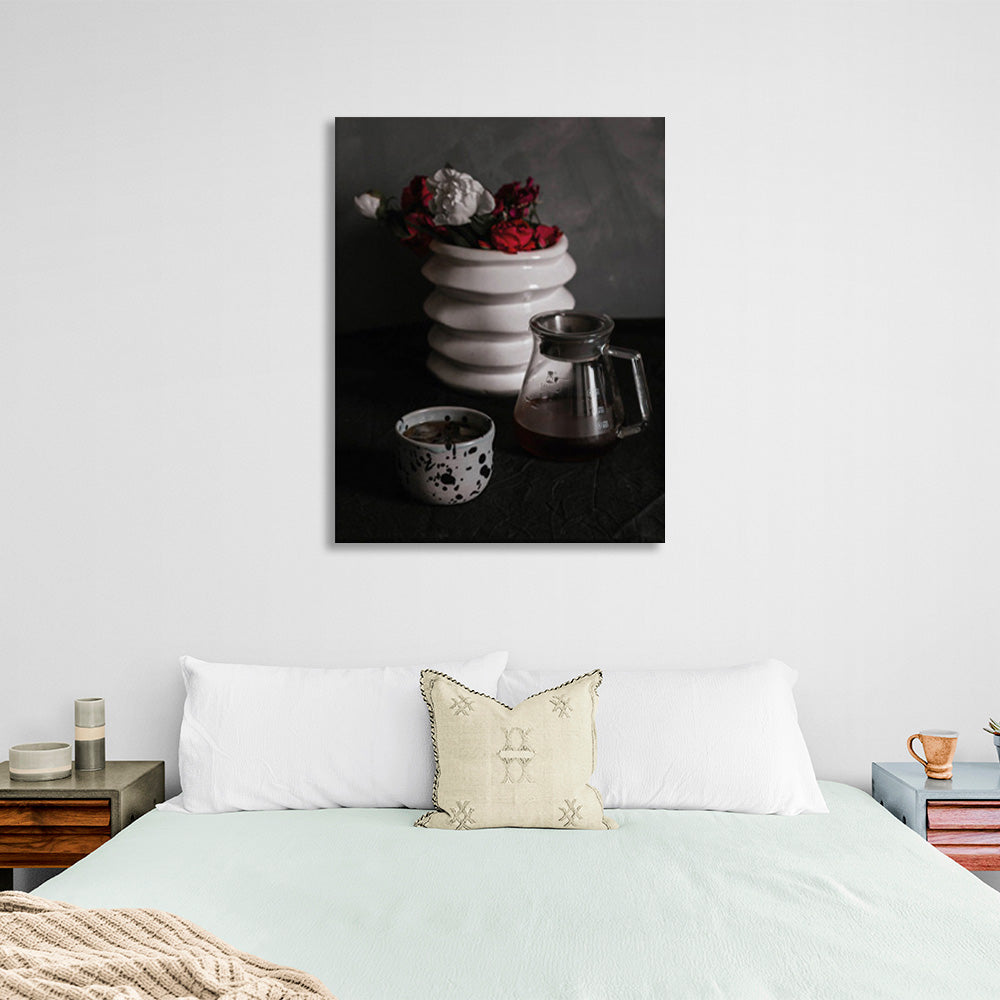 Tea kettle and vase on the table Canvas Wall Art Print For Kitchen