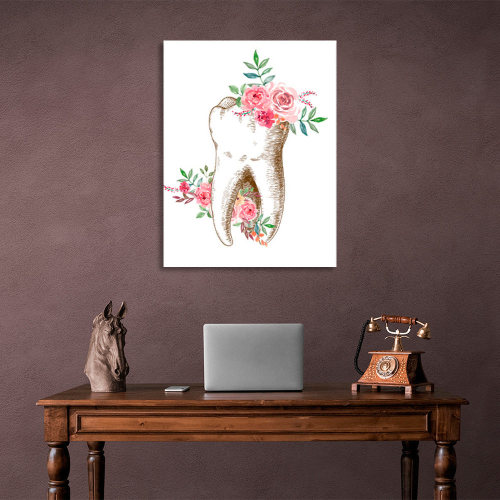 Tooth with flowers on a white background Canvas Wall Art Print