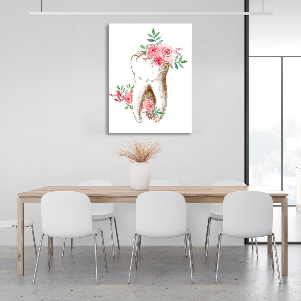 Tooth with flowers on a white background Canvas Wall Art Print