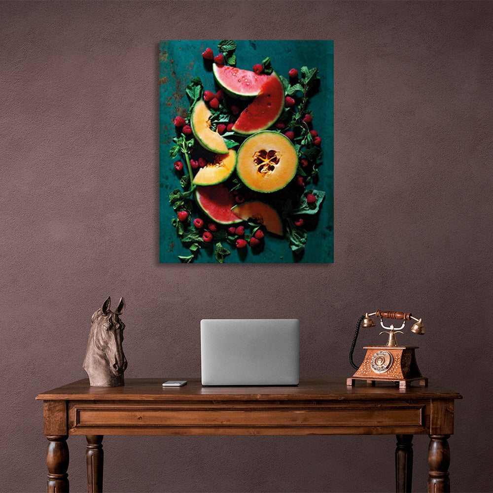 Obst und Beeren auf dem Tisch mit Minze Leinwand Wand Kunstdruck für Küche