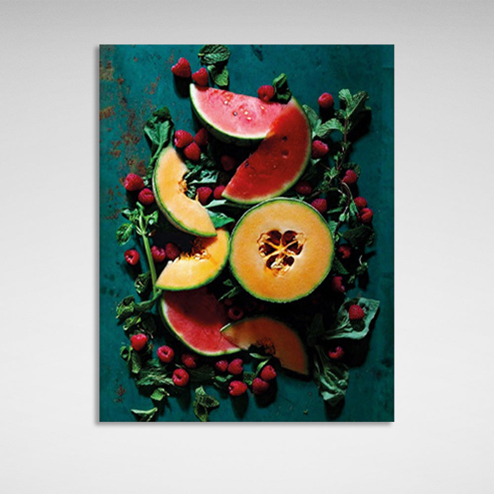 Fruits and berries on the table with mint Canvas Wall Art Print For Kitchen