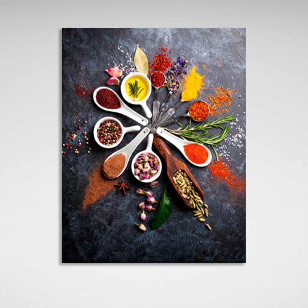 The spices in the spoons are arranged in a circle Canvas Wall Art Print For Kitchen