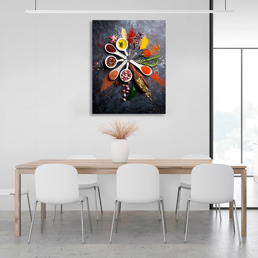 The spices in the spoons are arranged in a circle Canvas Wall Art Print For Kitchen