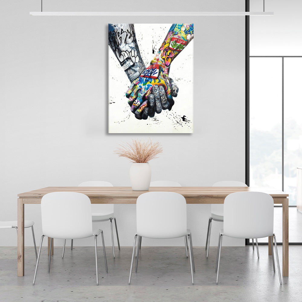 A hand with a dark coloring and a hand with a bright coloring Canvas Wall Art Print