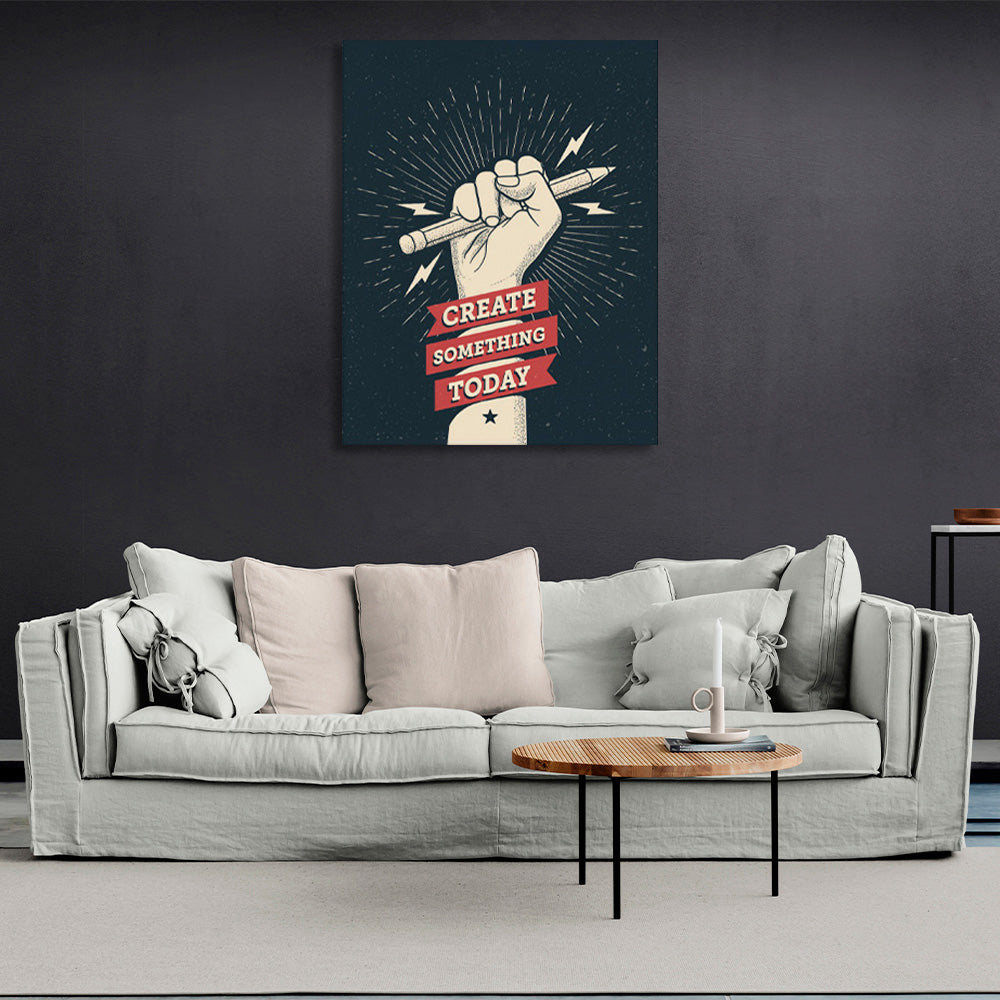 Die Hand mit dem Bleistift und den Inschriften Motivierender Leinwand-Kunstdruck