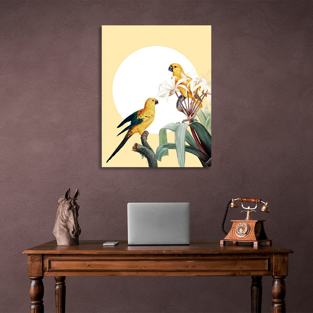 Parrots on branches on a sunny background Canvas Wall Art Print