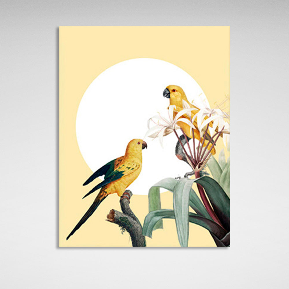 Parrots on branches on a sunny background Canvas Wall Art Print