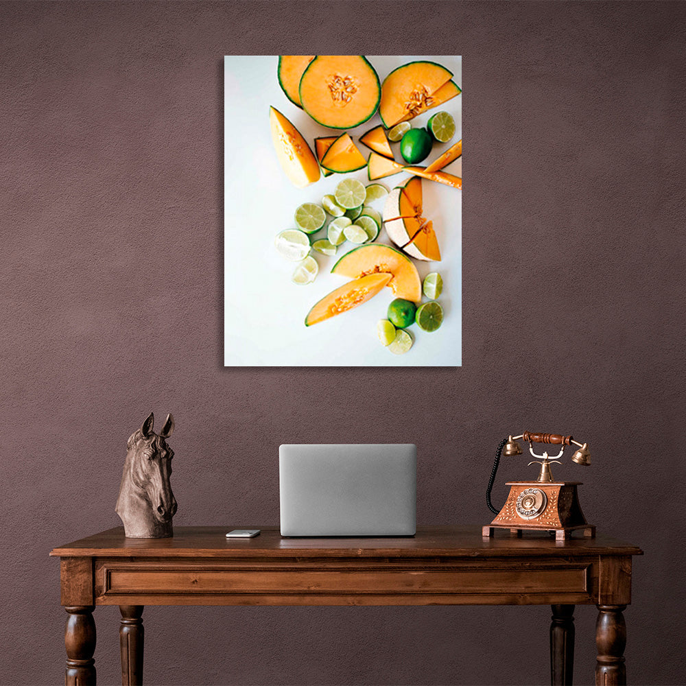 Pumpkin and lime on a gray background Canvas Wall Art Print For Kitchen