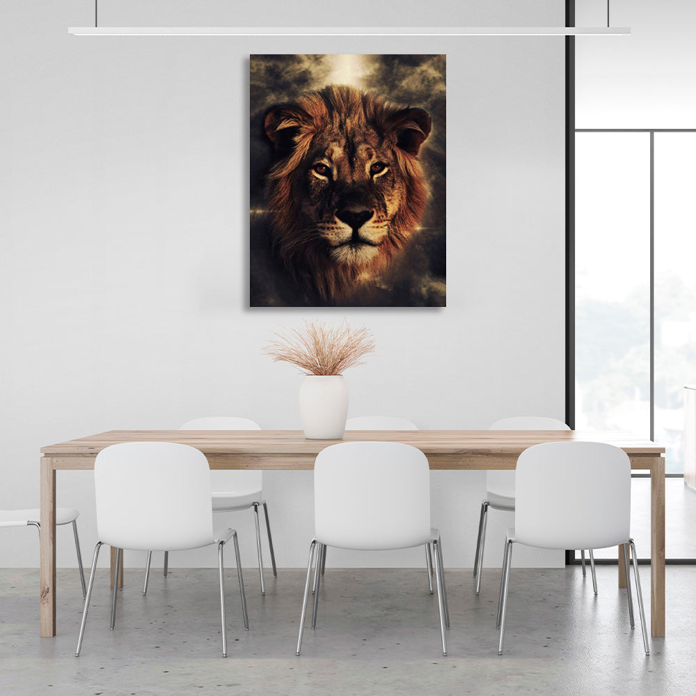 Light colored lion on a sandy background Canvas Wall Art Print