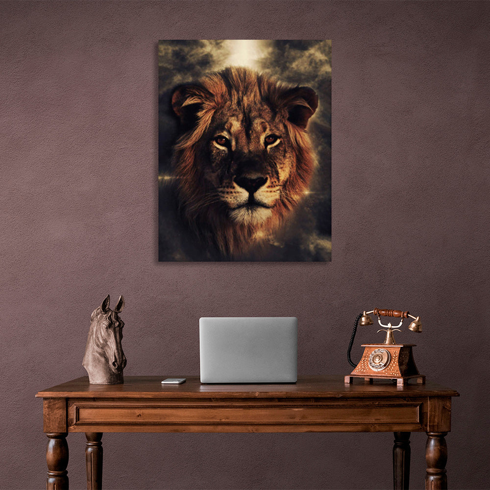 Light colored lion on a sandy background Canvas Wall Art Print