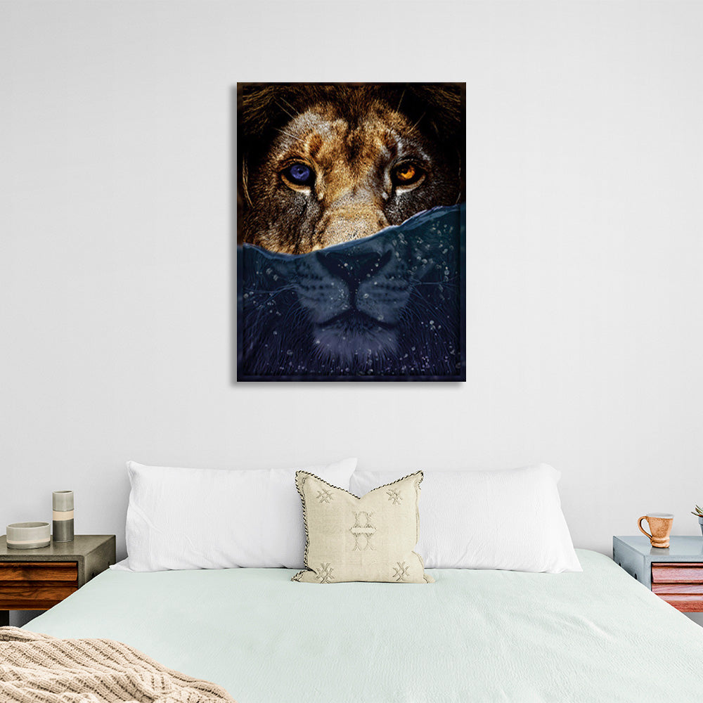 A lion with a blue and orange eye Canvas Wall Art Print