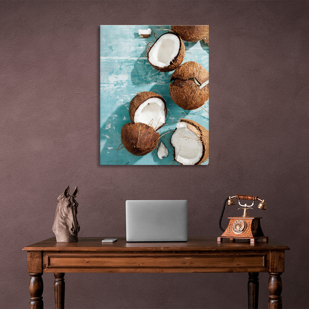 Lots of coconuts on a marble background Canvas Wall Art Print For Kitchen