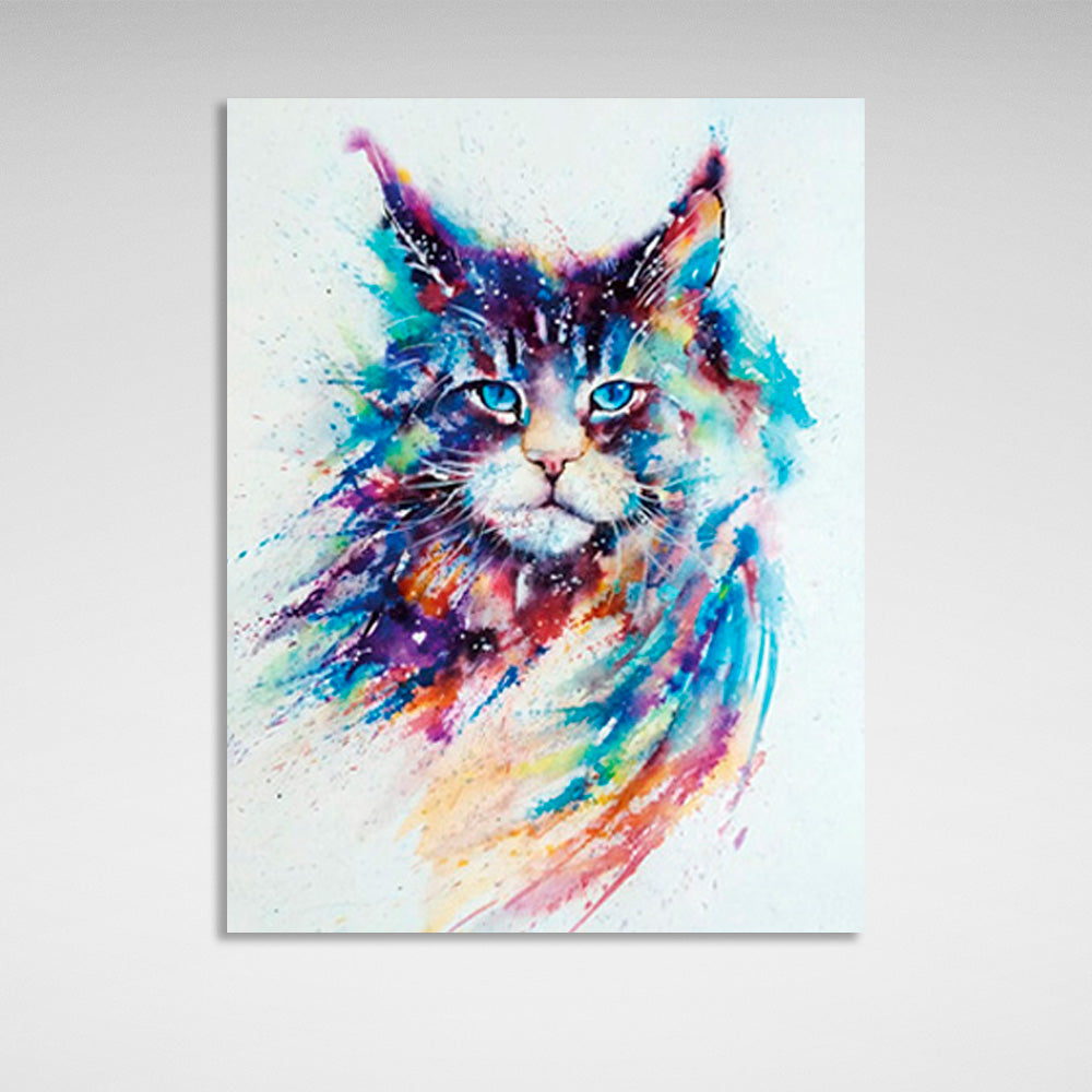 Kunstdruck auf Leinwand mit Katze in Regenbogenfarben auf weißem Hintergrund