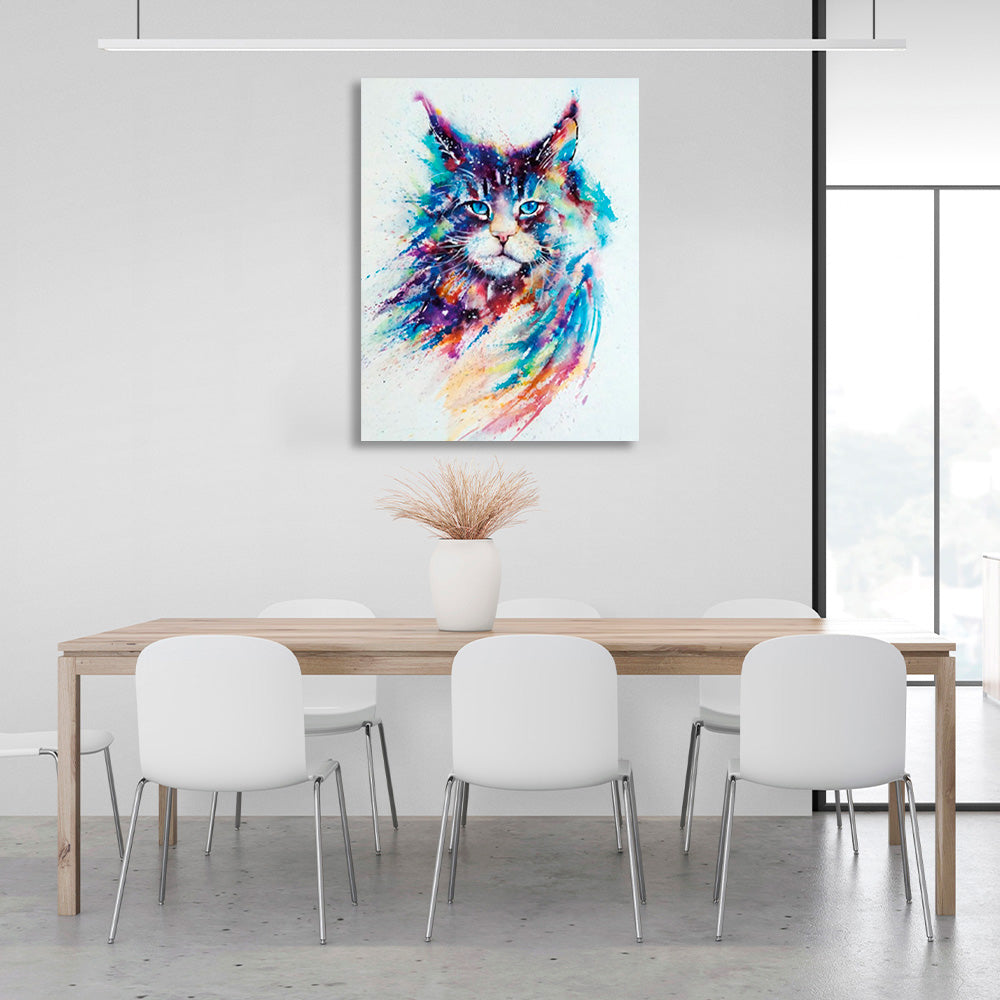 Kunstdruck auf Leinwand mit Katze in Regenbogenfarben auf weißem Hintergrund