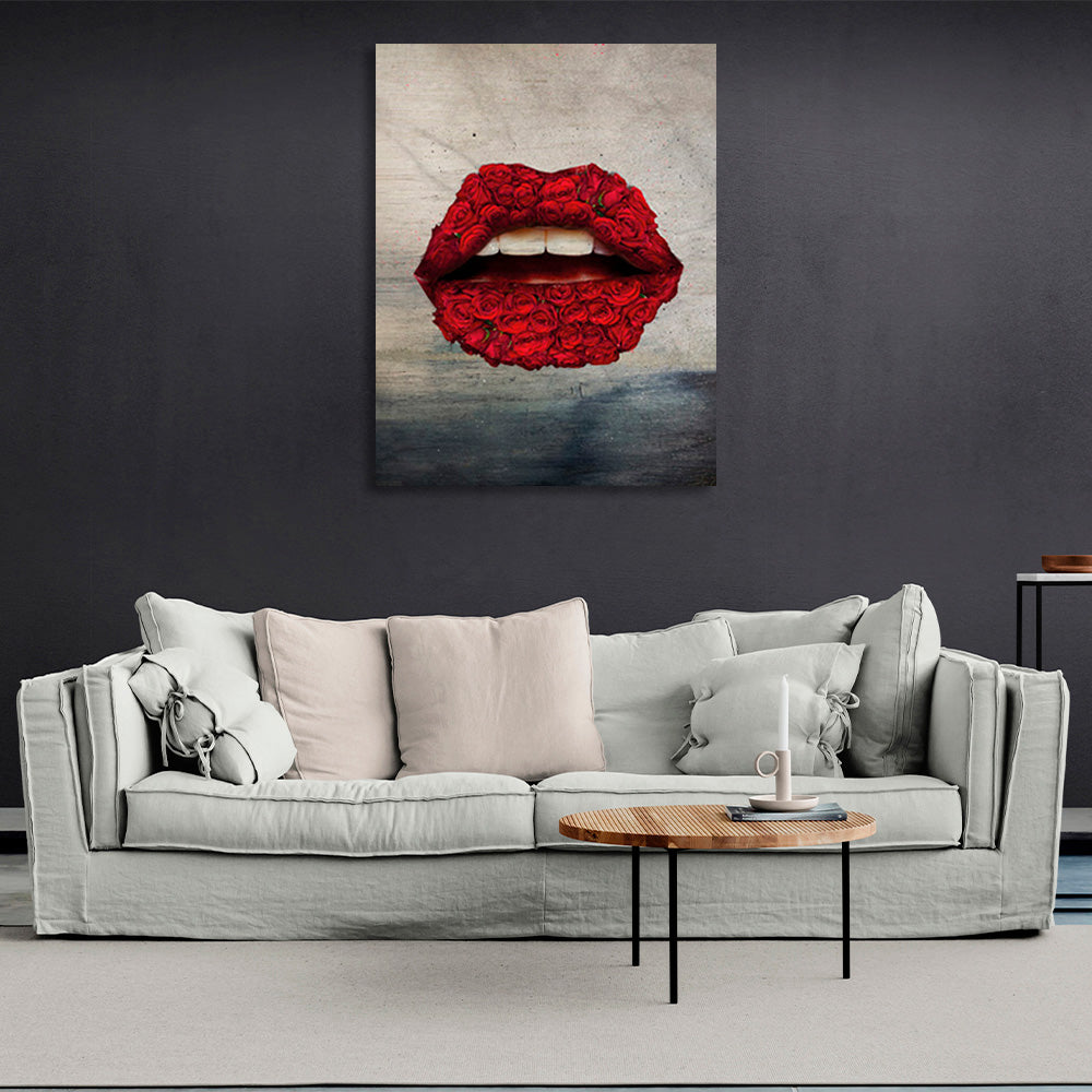 Lips of roses in red on a gray-dark background Canvas Wall Art Print