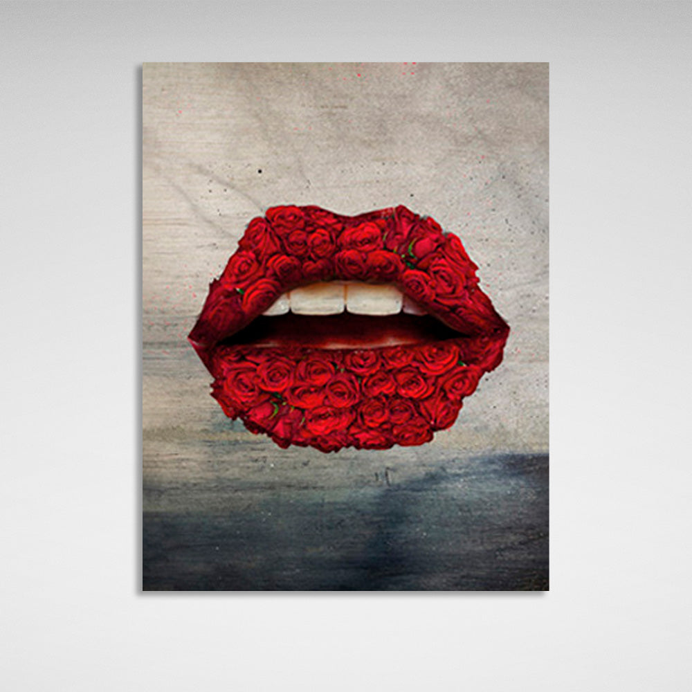 Lips of roses in red on a gray-dark background Canvas Wall Art Print