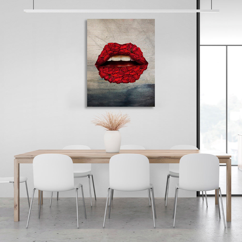 Lippen von Rosen in Rot auf grau-dunklem Hintergrund Leinwandbild Wandbild