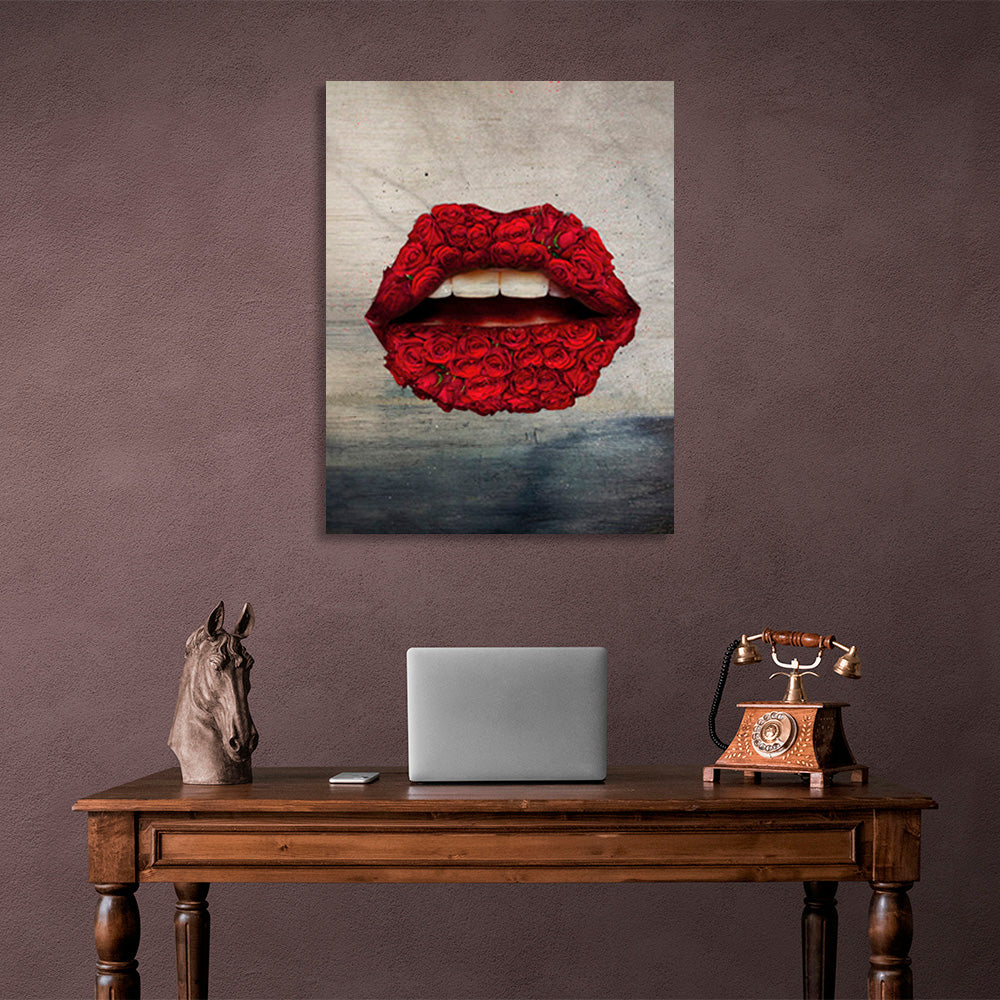 Lips of roses in red on a gray-dark background Canvas Wall Art Print