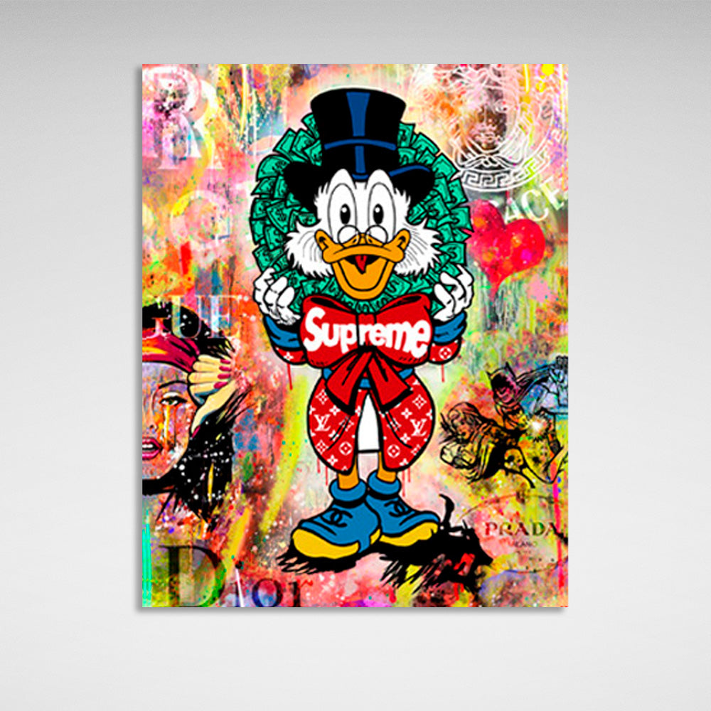 Scrooge im Hintergrund des SUPREME Graffiti Inspirierender Kunstdruck auf Leinwand