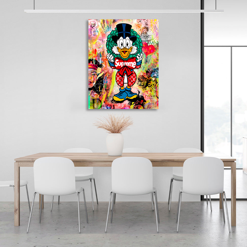 Scrooge in the background of the SUPREME graffiti Inspirational Canvas Wall Art Print