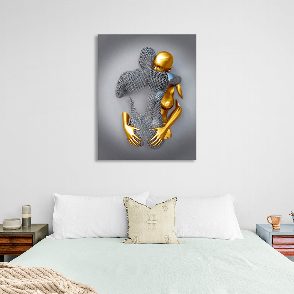 Figuren eines goldenen Mädchens und eines silbernen Mannes Leinwand-Wand-Kunstdruck