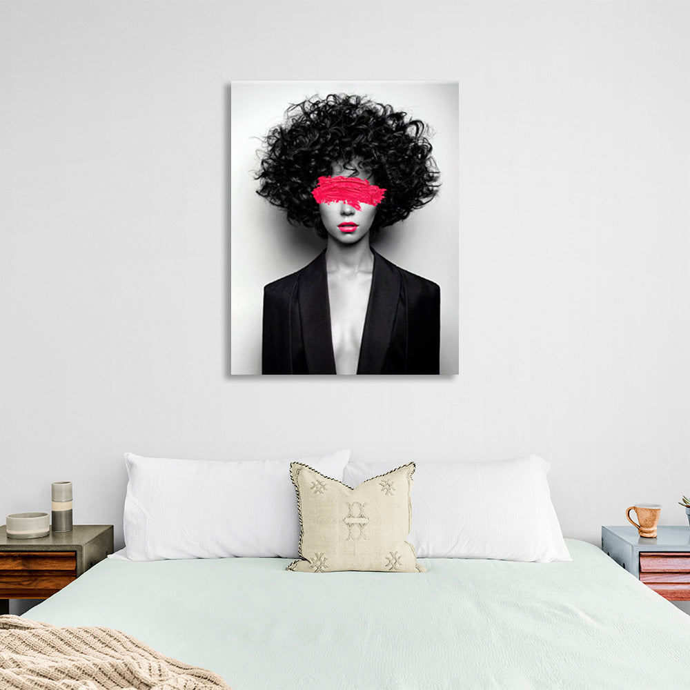 Curly girl in jacket on gray backgroundCanvas Wall Art Print