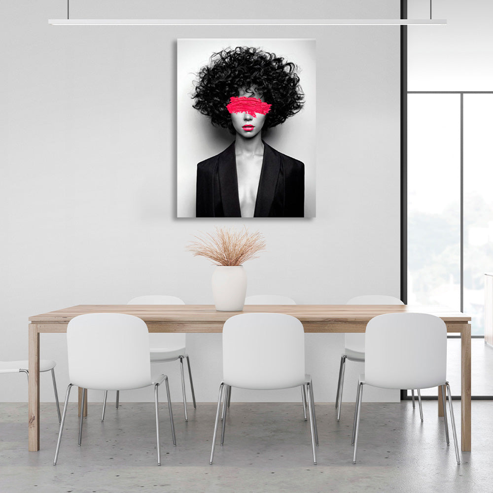 Curly girl in jacket on gray backgroundCanvas Wall Art Print