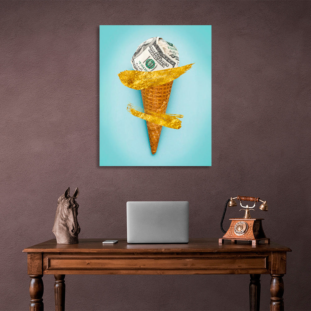 Ein Horn mit einer Kugel aus Dollars – inspirierender Kunstdruck auf Leinwand