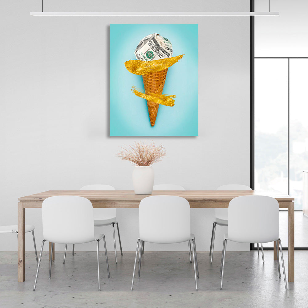 Ein Horn mit einer Kugel aus Dollars – inspirierender Kunstdruck auf Leinwand