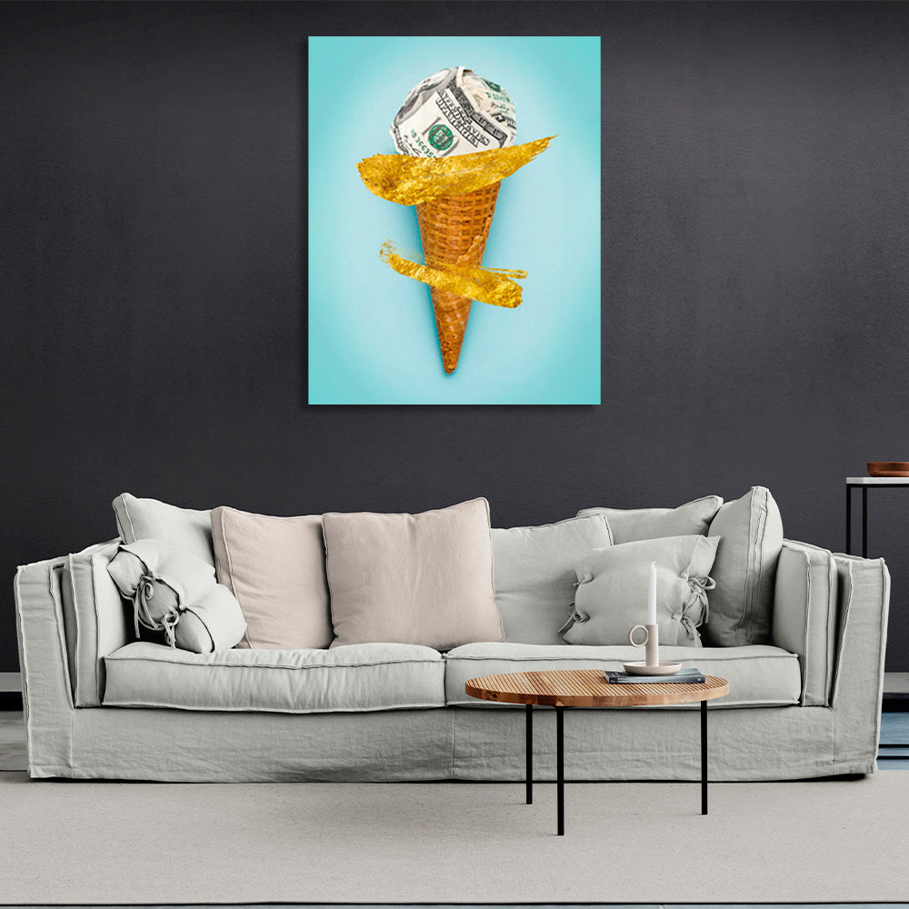 Ein Horn mit einer Kugel aus Dollars – inspirierender Kunstdruck auf Leinwand