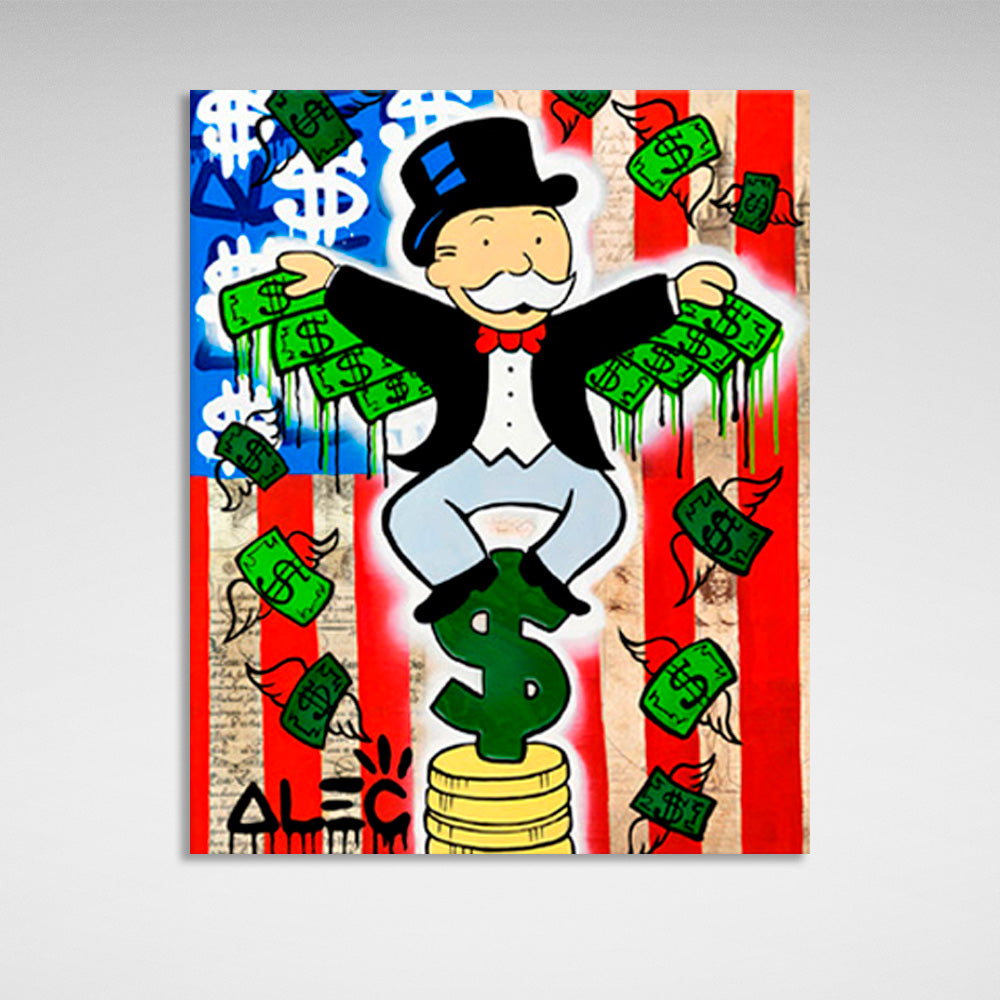 Kunstdruck auf Leinwand mit Alec Monopoly-Motiv, Dollarnoten