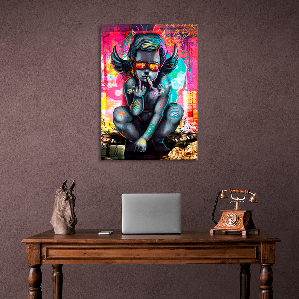 Angel baby near a pile of money Inspirational Canvas Wall Art Print