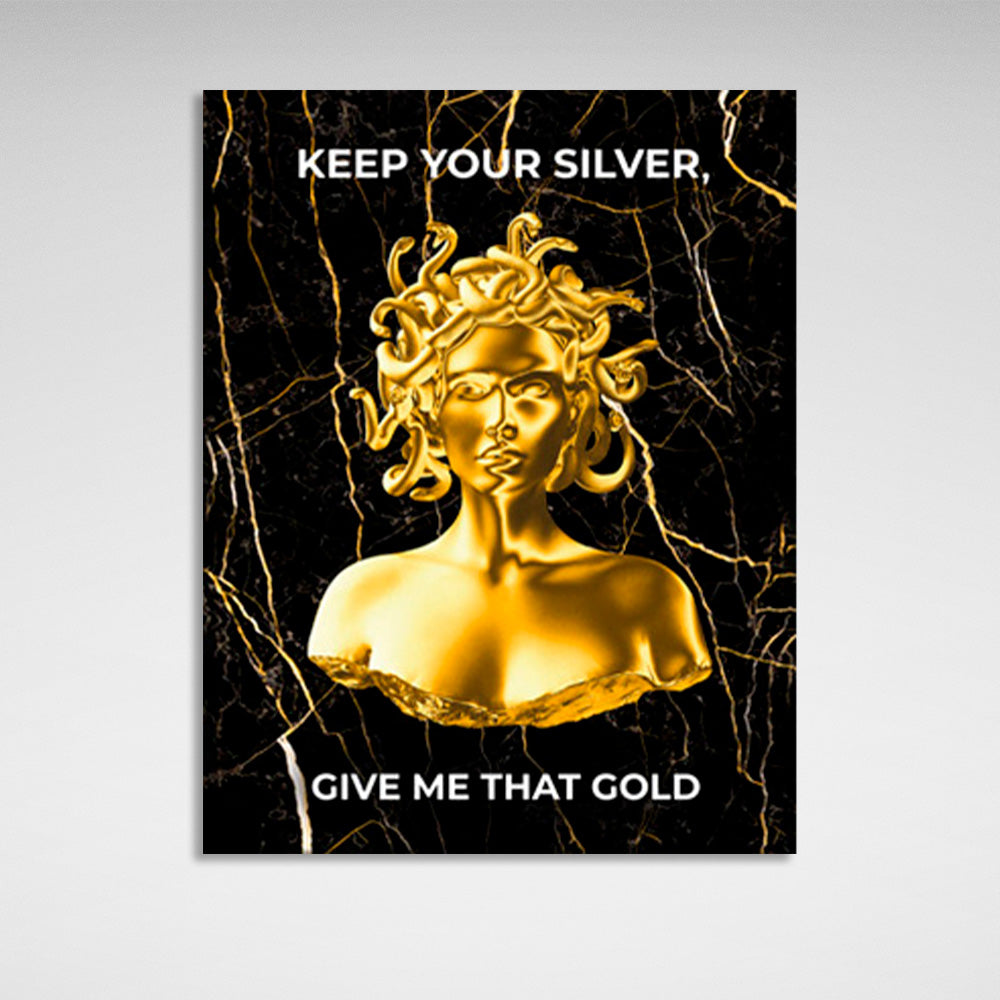 Gorgon Medusa mit goldener Farbe und Inschrift auf Leinwand, Kunstdruck