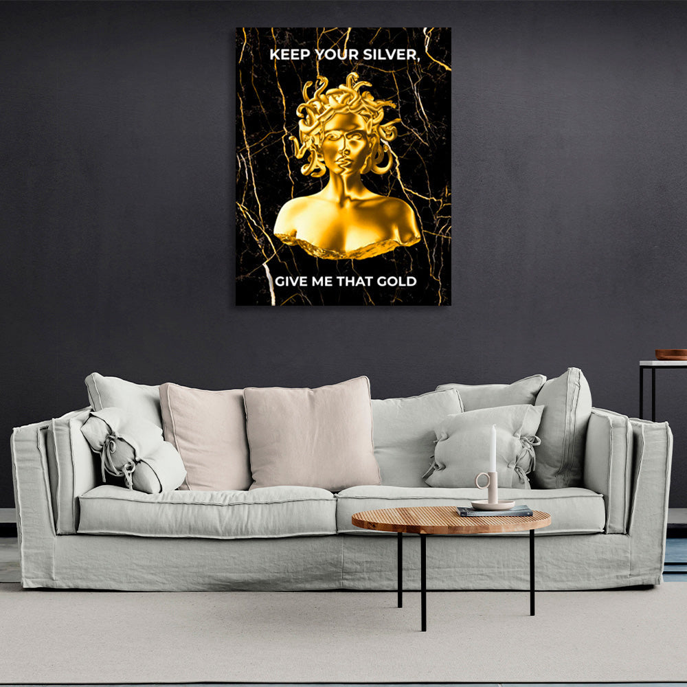 Gorgon Medusa mit goldener Farbe und Inschrift auf Leinwand, Kunstdruck