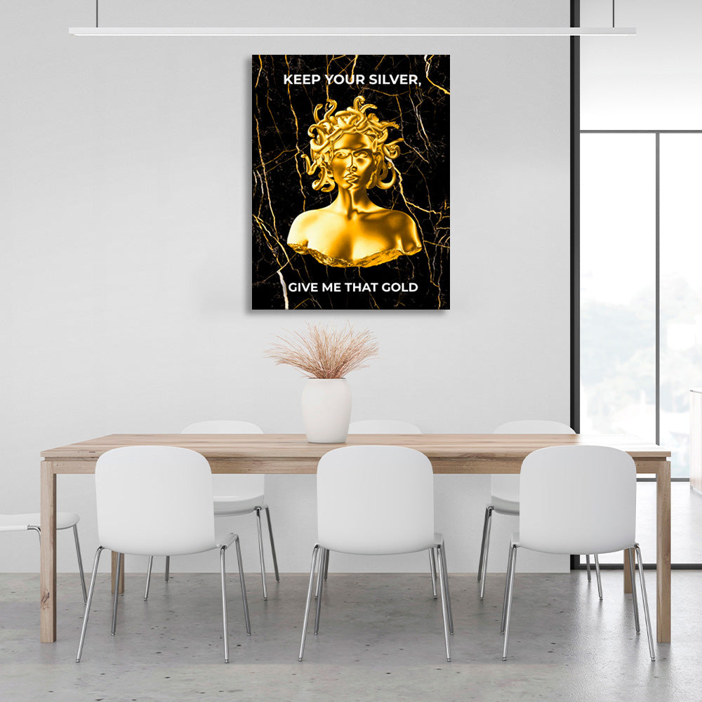 Gorgon Medusa mit goldener Farbe und Inschrift auf Leinwand, Kunstdruck