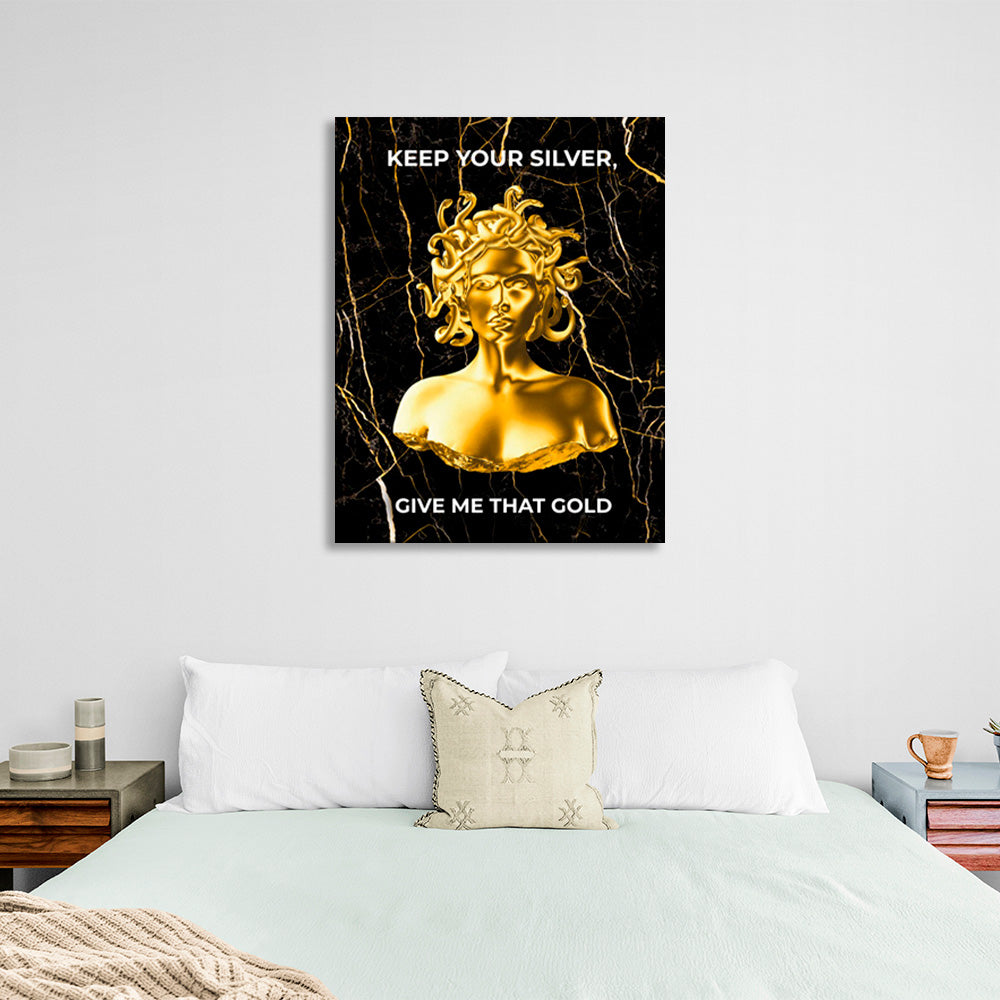 Gorgon Medusa mit goldener Farbe und Inschrift auf Leinwand, Kunstdruck