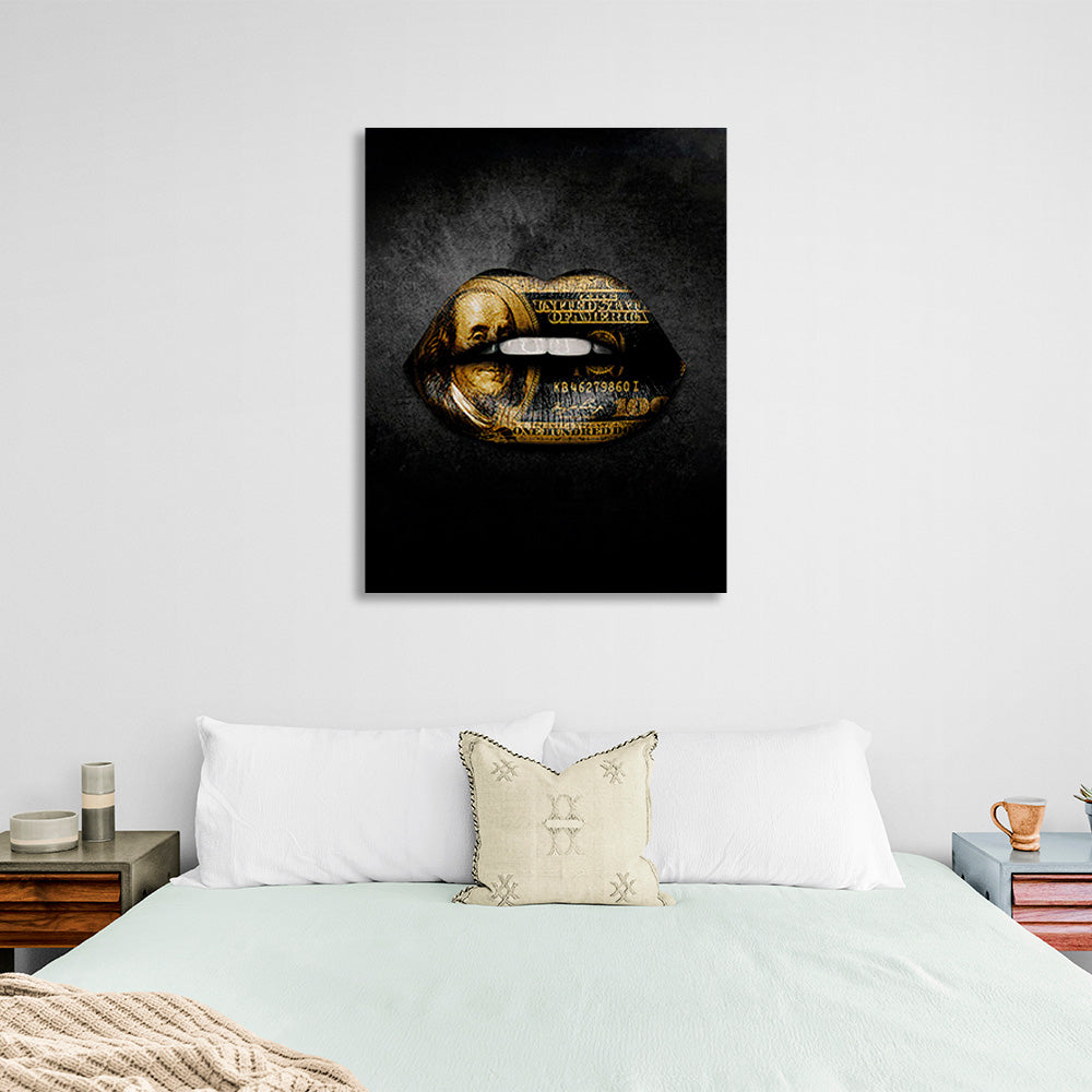 $100 drawing on black lips Canvas Wall Art Print