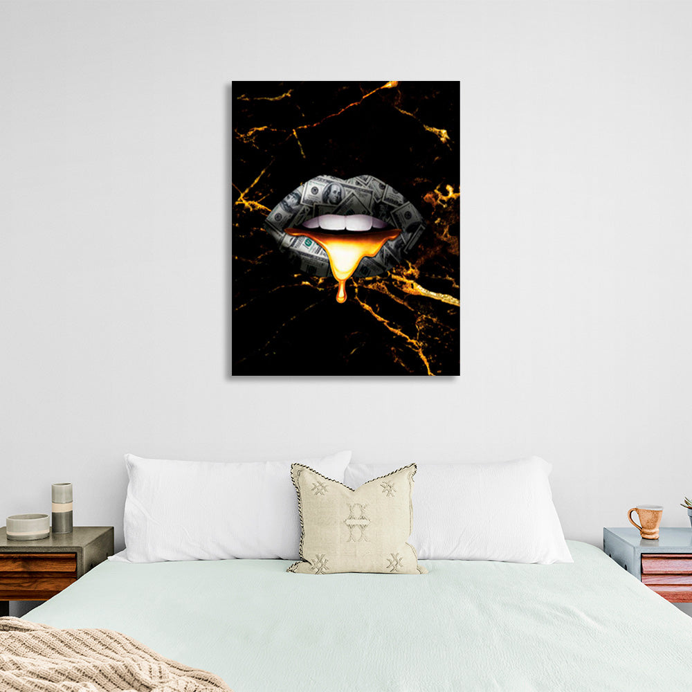 Money lips on a black and gold background Canvas Wall Art Print