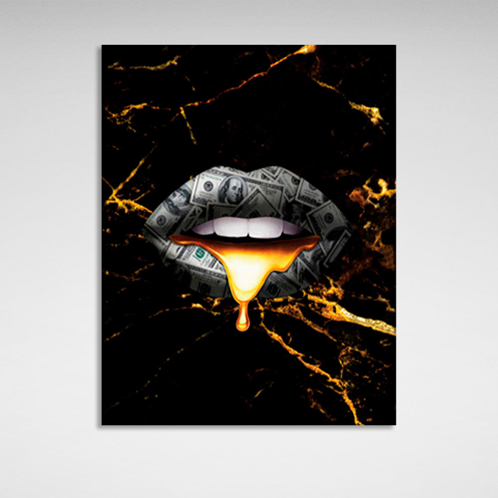 Money lips on a black and gold background Canvas Wall Art Print