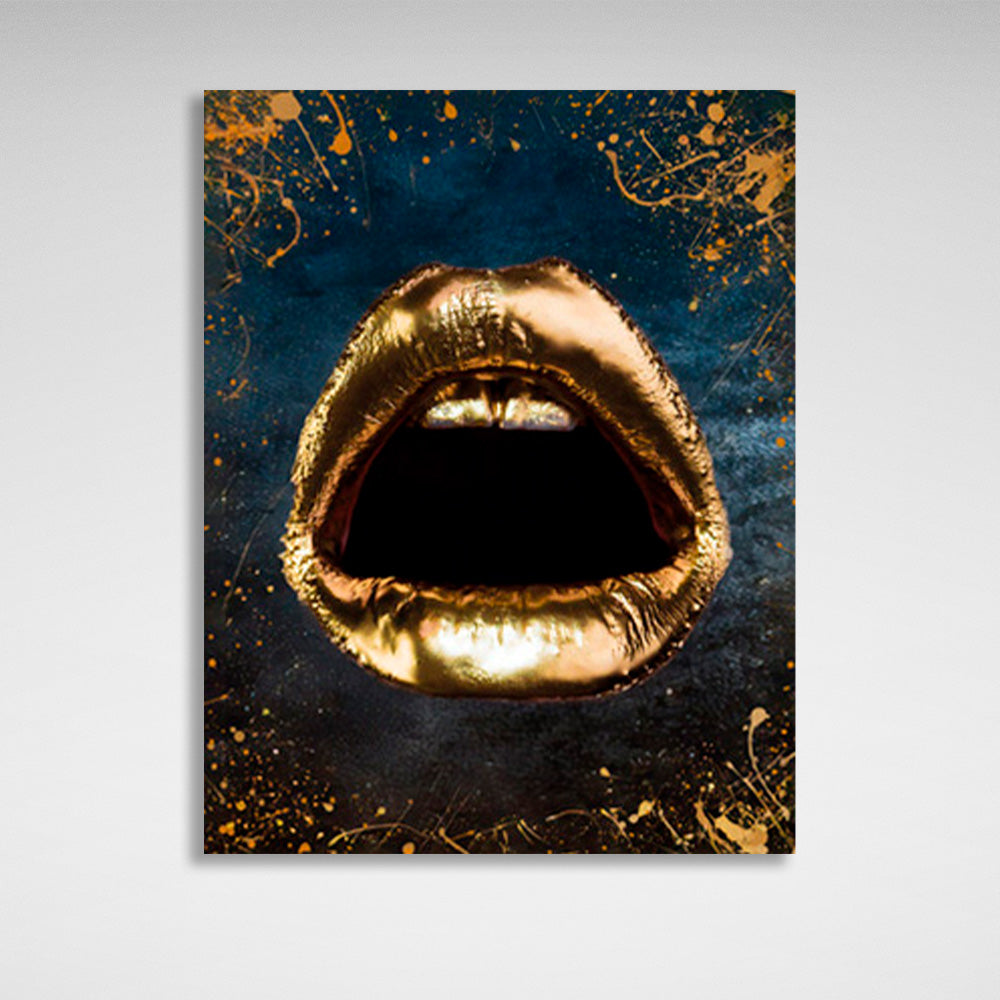 Goldene Lippen und Zähne auf blauem Hintergrund mit goldenen Punkten – Kunstdruck auf Leinwand