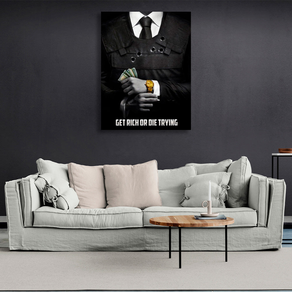 A man in a suit with money in his hands and a gold watch on his wrist with the inscription Motivational Canvas Wall Art Print